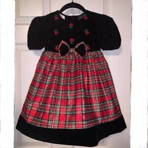 Bonnie Jean Girls Size 6 Christmas Dress Vintage Made USA Black Velvet Red Plaid